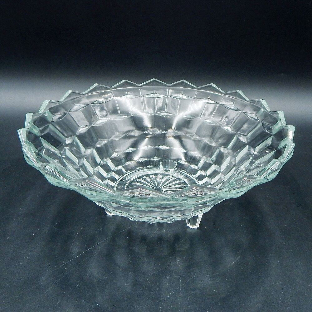 Indiana Glass Whitehall Cubist Three-Toed Footed Bowl 10 Inch Clear Pointed Edge